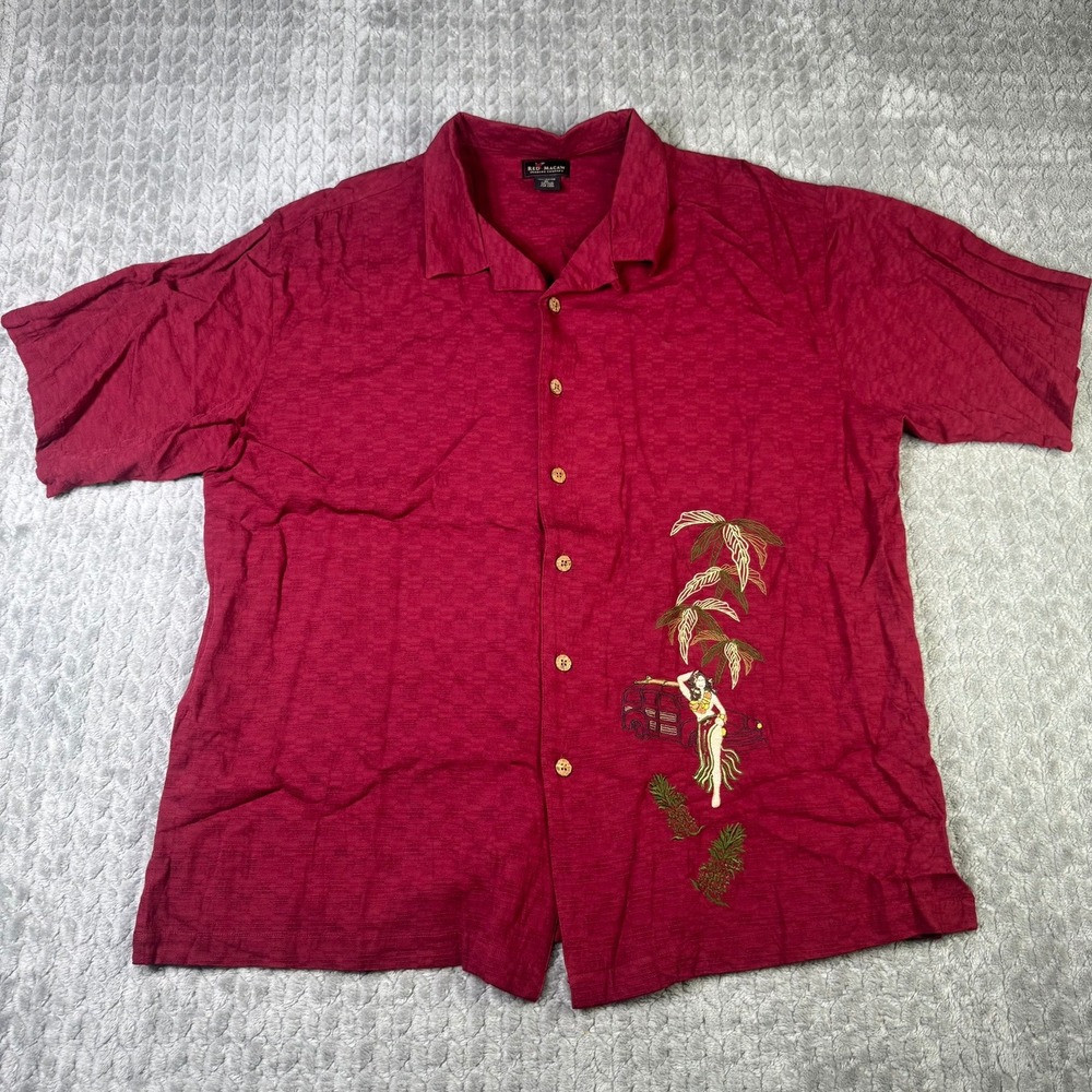 Red Macaw Mens XL Burgundy Rayon Hawaiian Shirt Hula Girl Embroidered Textured